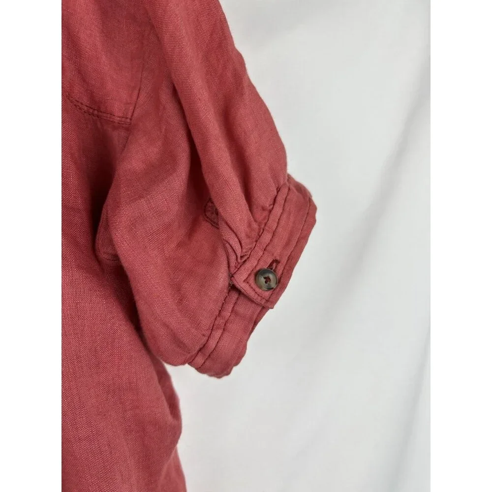 PILCRO Anthropologie Size M 100% Linen Surf Button Down Short Sleeve Shirt Pink - Picture 13 of 13